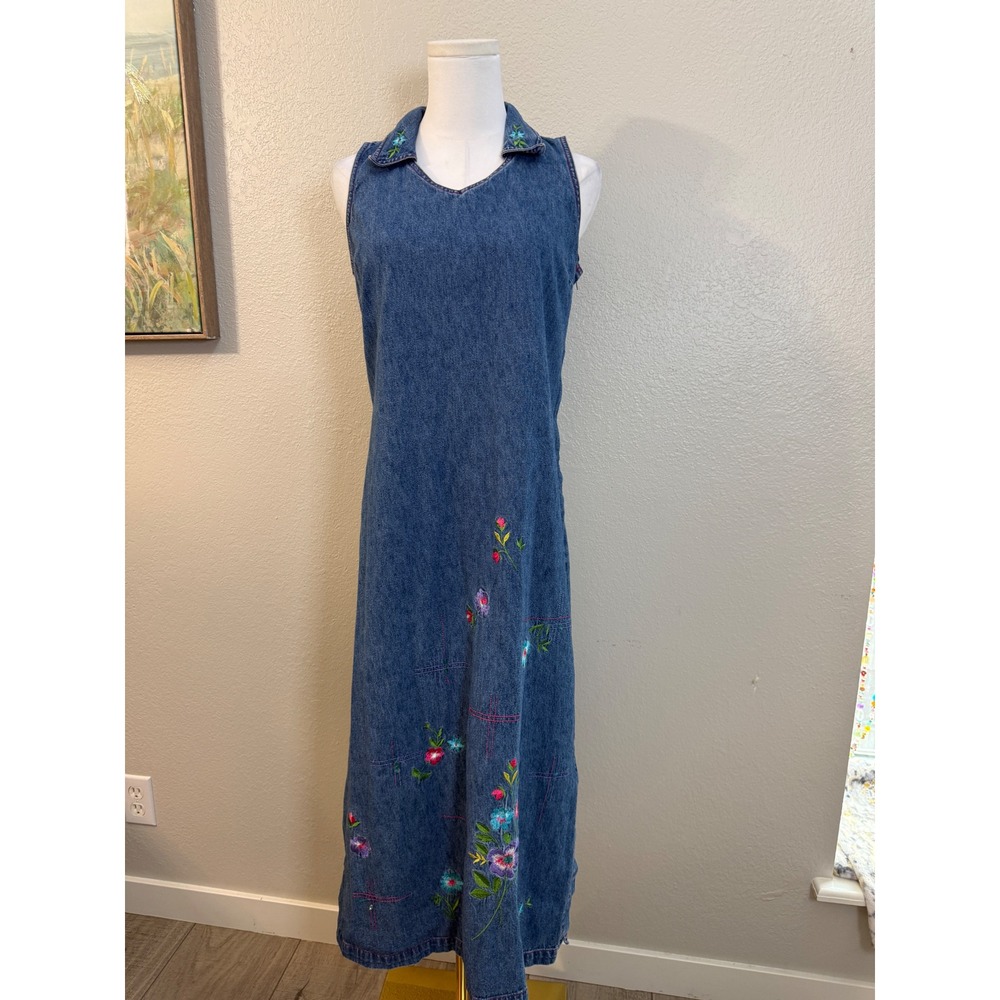 90s 'Studio Ease' Embroidered Denim‎ Maxi Dress 8P